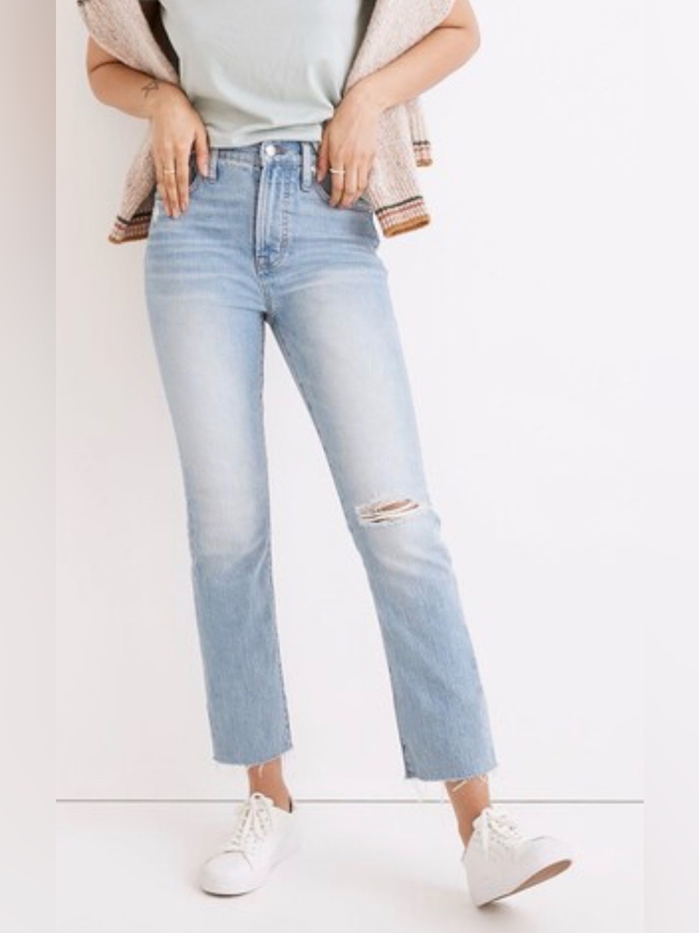 Madewell Jeans Perfect Vintage Straight Jean Light Wash Distress Raw Hem Size 26
